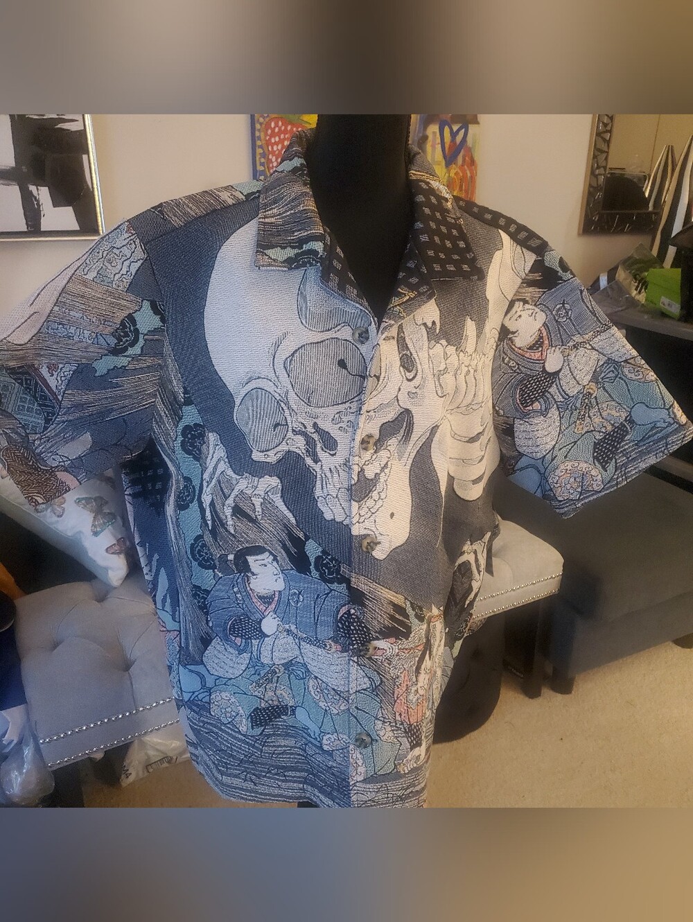 REBEL VENGEANCE UNISEX Skull & Ukiyo-e Print Button-Up Shacket